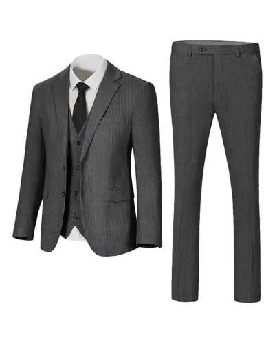 Image of Retro 3 Piece Suit Tweed Herringbone Men's Suits Slim Fit Groom Tuxedos Set Prom Brown Grey Jacket Blazer Vest Pants