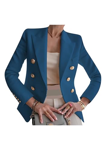 Womens Casual Double Breasted Blazers Open Front Long Sleeve Jackets Solid Color Notch Lapel Blazer
