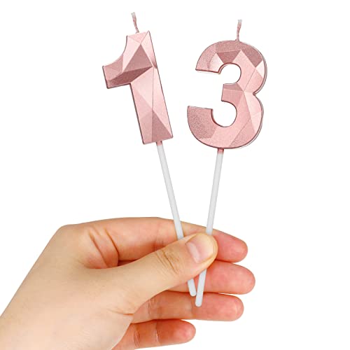 Pinenuts 13th Birthday Number Candles Set, Rose Gold 3D Diamond Shape, Eco-friendly Wax, Number 1 & 3, 5cm, 5 Min Burn Time