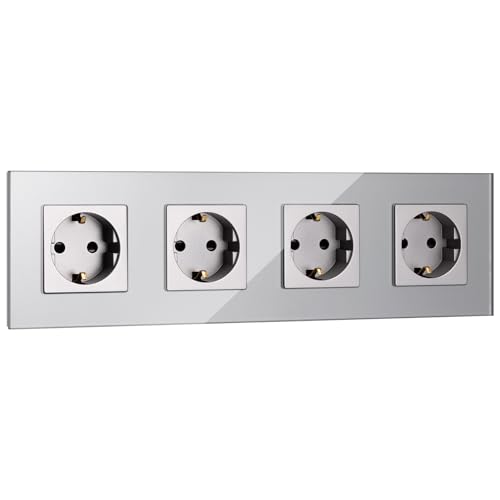 Navaris Cubierta de cristal con enchufes - Placa triple para pared con 4x enchufe europeo - Tapa empotrable con 4x toma - 29.9 x 6. x 3.9 cm - Gris