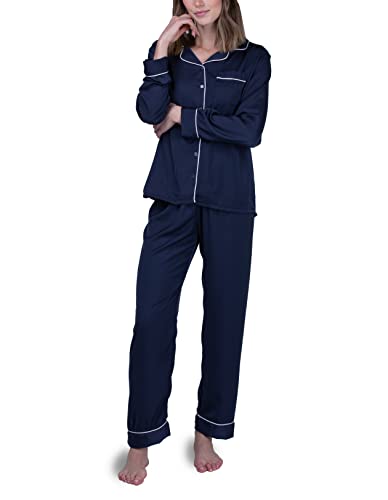 maluuna Pijama para mujer en aspecto satinado con botones, azul marino, S