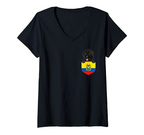 Womens Ecuador Flag Bouvier des Flandres Dog In Pocket V-Neck T-Shirt, Black