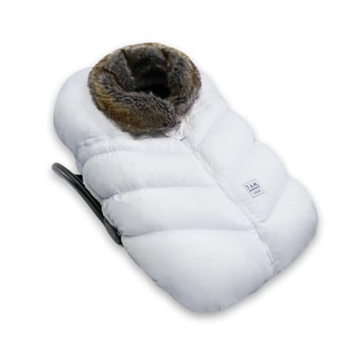 Image of 7AM Enfant Car Seat Covers - Cocoon Baby Cover for Boys & Girls, Rain & Snow Repellent, Breathable Windproof, Center Zipper, Universal Fit for Infant Car Seat (0-12M) (White Faux Fur)