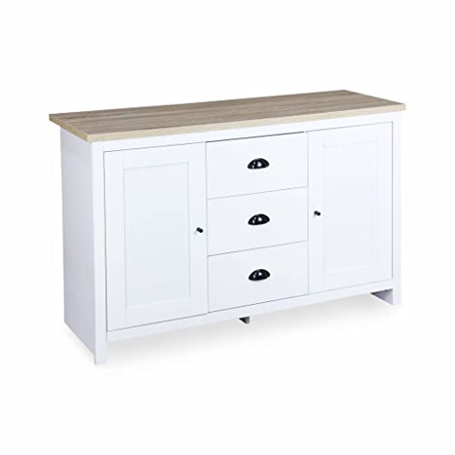 Alice's Home - Buffet de Rangement Blanc - Cottage - avec 3 tiroirs. 2 Portes. 119x39.5x77 cm Cover
