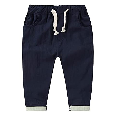 Miyanuby Boys Pants 2-7 Years Old, Spring Autumn Summer Candy Color Cotton Linen Pants Trousers Dark Blue Cover