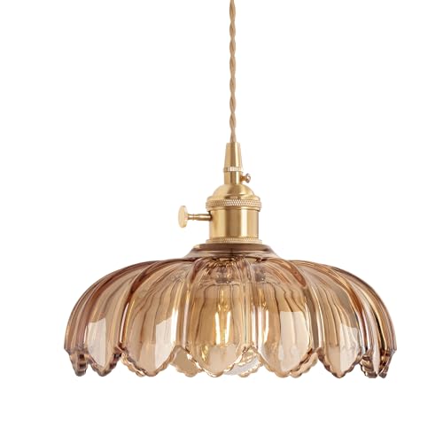 Shenmoyl Pendant Light with Amber Scindapsus Glass Lmapshade, Brass Vintage Pendant Light Adjustable Hanging Light for Kitchen Island Dining Room Hallway