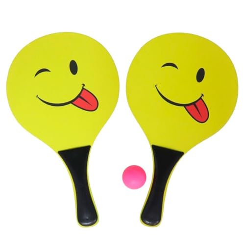 Tradineur - Set de Palas de Playa Carita Sonriente, Madera, Incluye Pelota, Mango Recubierto de plástico, Raquetas, Deporte, Aire Libre, 33 x 19 cm