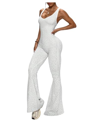 Image of Verdusa Women's Cheetah Print Workout Sets Yoga Jumpsuit Criss Cross Sleeveless Work Out Clothes Flared Pants Jumpsuits