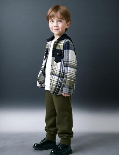 Image of Toddler Boy Clothes Plaid Hooded Shirt White T-shirt Top and Solid Color Pants 3Pcs Winter Boys Clothes