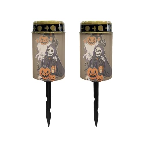 Image of Poceacles Solar Lights Outdoor Grave Candle for Cemetery Decoration Solar Outdoor Lights for Garden Lawn Backyard Pathway Halloween Decor, Pumpkin Skull Brown, Pack of 2