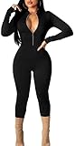 GOBLES Women's Sexy Long Sleeve Front Zipper Mock Neck Bodycon Jumpsuit Rompers Black