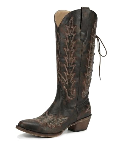 Image of Uillnoodu Wide Calf Cowboy Boots Women Adjustable Lace Up Knee High Tall Plus Size Cowgirl Boots Western Style Comfortable 2-Inch Heel