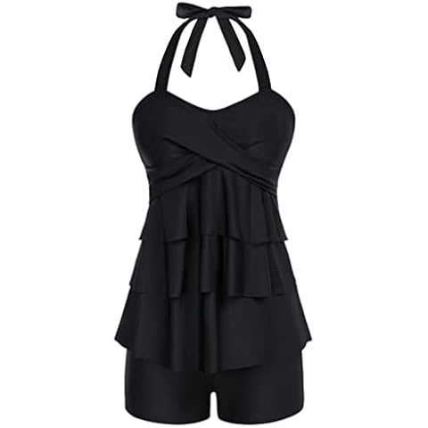 Women's Tankini Sets Swimsuit Two Piece Swimwear Halterneck Swim Tops with Shorts Black XXL Cover