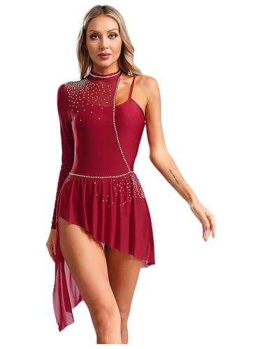 TiaoBug Maillot De Patinaje Artístico para Mujer Vestidos De Manga Larga con Falda Irregular Vestido De Baile Lírica Traje De Competición borgoña L