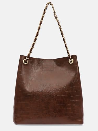 Image of Bagsy Malone Bucket Shaped Tote Bag -Set of 2 | Handcrafted Side Tote Bag for Office and College (Croco Brown)