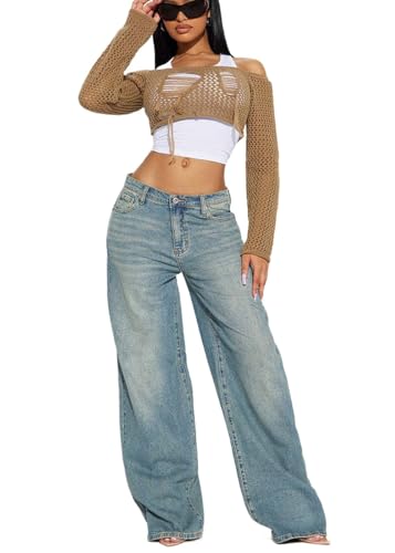 Vaqueros Rectos y Holgados para Mujer Pantalones Vaqueros elásticos de Cintura Alta y Pierna Ancha Informales