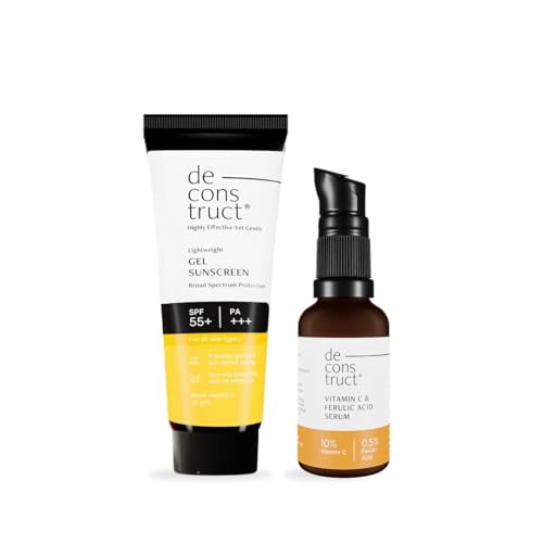 Image of Deconstruct Sun Protect Duo | 10% Vitamin C Face Serum (30 ml) + Gel Sunscreen (50 g) | Get Glowing Skin with Sun Protection | Vitamin C serum For Oily Skin | SPF 50+ | No White Cast, Non Irritating & Lightweight (Pack of 2)