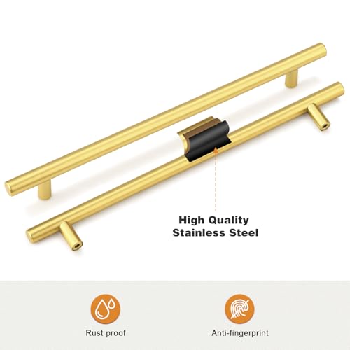 Image of Probrico 30 Pack 10 Inch Center-to-Center Kitchen Cabinet Pulls T Bar Gold Cabinet Handles Modern Drawer Hardware Dresser Pulls, 12-3 /5 inch Total Length