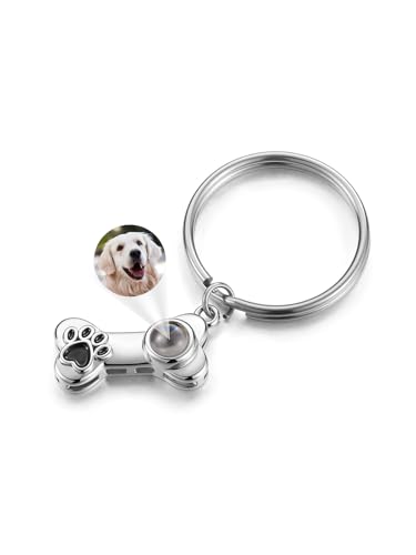 PiercingJak Foto Schlüsselanhänger mit Bild Projektion Hunde Knochen Anhänger mit Gravur Pfotenabdruck Haustier Memorial Gedenken Schlüsselbund Personalisierte Geschenke für Tierliebhaber