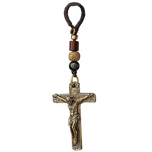 RTGGSEL Retro Brass Cross Keychain Bags Keyring Rearview Mirror Hanging Ornament Catholic Cross Decor Religious Jewelry Gifts (Cross Crucifix)