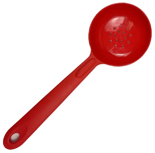Rite-Size 10 oz. Perforated Round Circle Server Portion Utensil, Copolymer Plastic Heat Resistant Professional Cooking Tool, Red