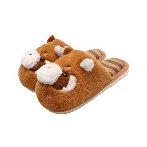 Women's Cute Cartoon Red Panda Plush Slippers - Closed-Toe, Warm Fuzzy Lining, Non-Slip Sole, Cozy for Indoor Home Use