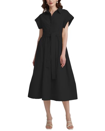 Women's Belted Shirt Midi Dress Casual Short Wing Sleeve Button Down Lapel V Neck Dress