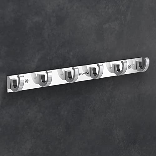 Image of Plantex Aluminum Over The Door Hook Hanger /Hook Rail with 6 Hooks for Walls of Bathroom /Kitchen - Hook Rail for Bathroom - Pack of 2 (6 Pin, Chrome)