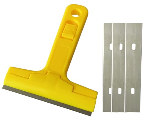 Image of Inditrust Razor Portable Scrapper and 3 Blade with ABS Plastic Handle Tool to Remove Silicone & Paint Stains Floor Tile Grout Remover Mirror Glass Window Cleaning Device Wiper Scraper, Yellow