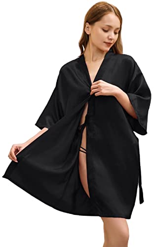 Pengee Women's Birthday Party Robes Silky Kimono Nightgown Bathrobes Dressing Gown With Gold Glitter Squad Queen Black #TOP3
