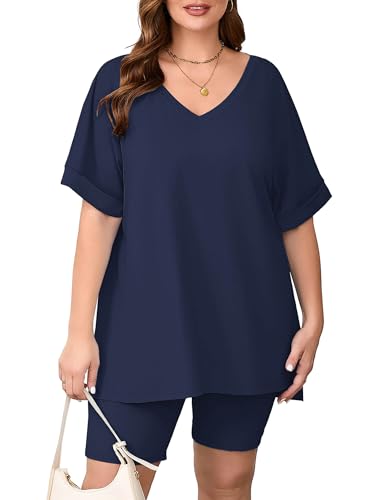 Image of AusLook Women's Plus Size 2 Piece Short Outfits Set Short Sleeve Tops and Shorts Pants Lounge Jogging outfits Matching Set
