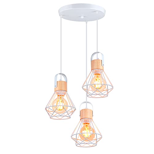 iDEGU 3 Lampes Suspension Luminaire Industrielle, 16CM Vintage Lustre Suspension en Fer et Bois Rétro Cage Design Blanc E27 Plafonnier pour Salon Chambre Cuisine Salle à Manger (Type Assiette)