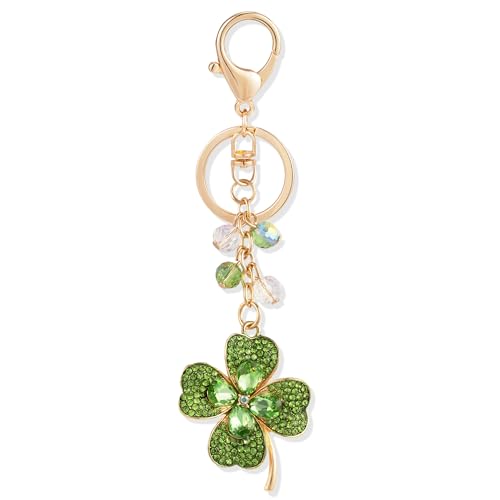 XGALBLA Sparking Cute Lucky Charm Green Crystals 4 Leaf Clovers Key Ring Four Leaf Clover Keychain for Women Bag Charms for Car Key Handbags Backpacks(Style 6)