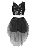 HULIJA Kinder Mädchen Tanz Outfit Set Pailletten Crop Top mit Tanzrock Pailletten Shirt Ballettrock Tanzkostüm Hip Hop Jazz Kleidung Schwarz 158-164