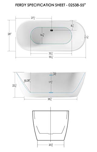 FerdY Bali 55" Acrylic Freestanding Bathtub, Gracefully Shaped Freestanding Soaking Bathtub, Glossy White cUPC Certified, Toe-Tap Drain and Classic Slotted Overflow Included, 02538