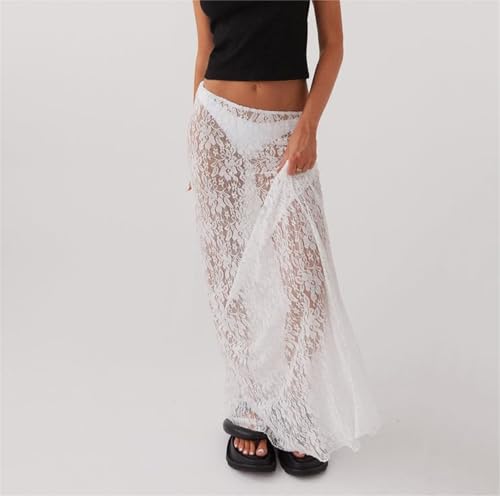 Women's Lace Long Skirts Vintage High Waist Solid Color Seethrough Midi Skirts Y2k Summer Slim Fit Skirts2