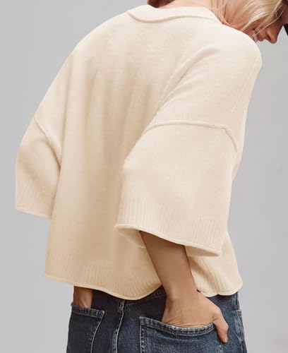 ZDC Women's Oversized Sweaters Summer 3/4 Sleeve Casual Cropped Tops Lightweight Loose Fit Knit Pullover3