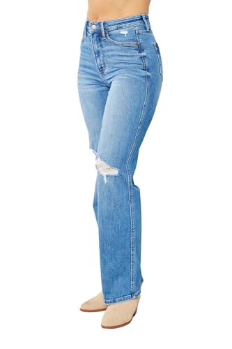 Judy Blue Women's High-Rise Tummy Control Destroyed Knee Straight Jeans - 88785 (Medium Blue, 20 Plus)2