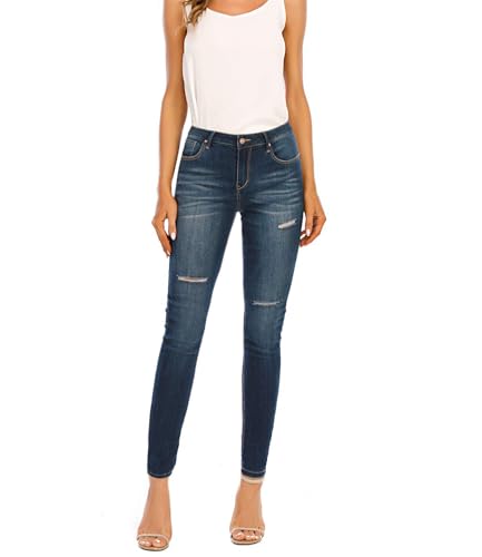 MetHera Women's Le Mel Mid Rise Ripped Distressed Stretch Skinny Shaping Denim Jeans (8, Dark Wash)