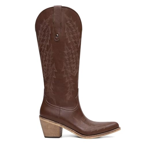 Women's Cowboy Boots Knee High Cowgirl Boots Embroidery Chunky Heel Pointed Toe Comfortable Pull-On Western Riding Tall Boots2