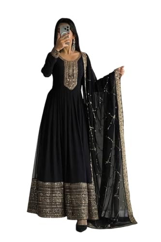 Image of Women Omkar Textile's Georgette Anarkali Gown with Dupatta Set, Embroidered, Wedding, Floor Length