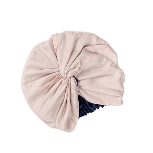 Image of Mulberry Silk Sleep Bonnet by Clementine Essentials, Turban Style Pink | Silver Ion & Organic Bamboo Lining | Anti-Breakage, Short & Mid-Length Hair | Frizz-Free, Adjustable Straps, Soothes Scalp