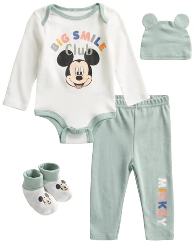 Disney Baby Boys’/Girls’ 4 Piece Layette Set: Mickey, Minnie, Toy Story, Pooh, Lion King, Size 3-6 Months, Mickey Jade