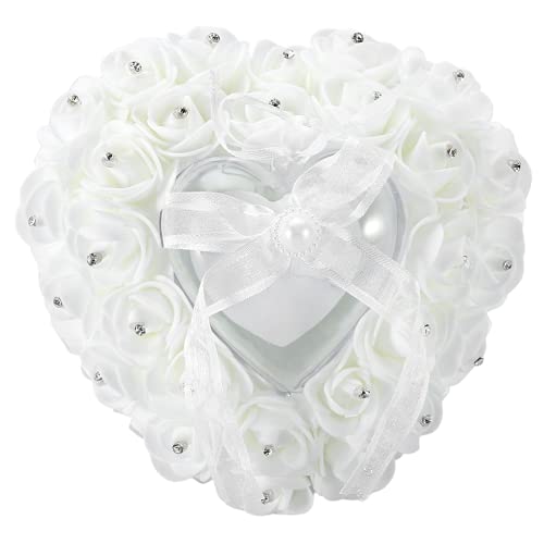 AUNMAS Oreiller pour Alliances, Porte-alliances en Forme de Cœur pour Fiançailles, Romantique Dentelle Cristal Rose Mariage Coeur Boîte à Bagues Coussin...