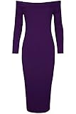 Oops Outlet Women's Plain Stretch Off the Shoulder Bardot Long Sleeve Midi Dress