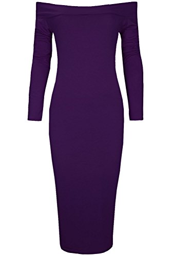 Oops Outlet Women's Plain Stretch Off The Shoulder Bardot Long Sleeve Midi Dress