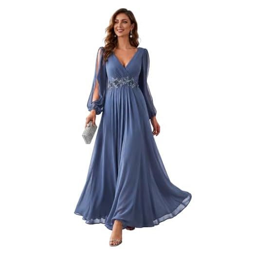 Ever-Pretty Women's Elegant A-line Long Sleeve Formal Party Gowns Haze Blue US10