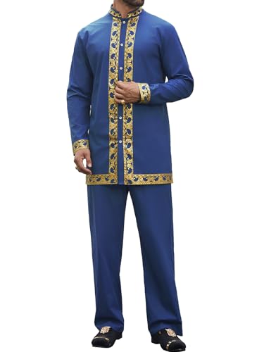 Daupanzees Men's African 2 Piece Set Luxury Traditional Suit Gold Print Dashiki Shirt and Pants Outfit