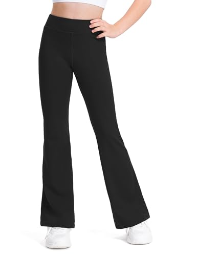KEREDA Schlaghose Mädchen Flared Leggings Kinder Sporthose Teenager Hosen Elastische Jogginghose Gymnastikhose für Yoga,Tanz,Laufen Schwarz 134-140