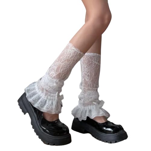 Image of SOLILOQUY Women Y2K Ruffle Lace Leg Warmer Kawaii Lolita Long Thigh High Socks Harajuku JK Tiered Sheer Tulle Boot Cuff Cover (B White, One Size)